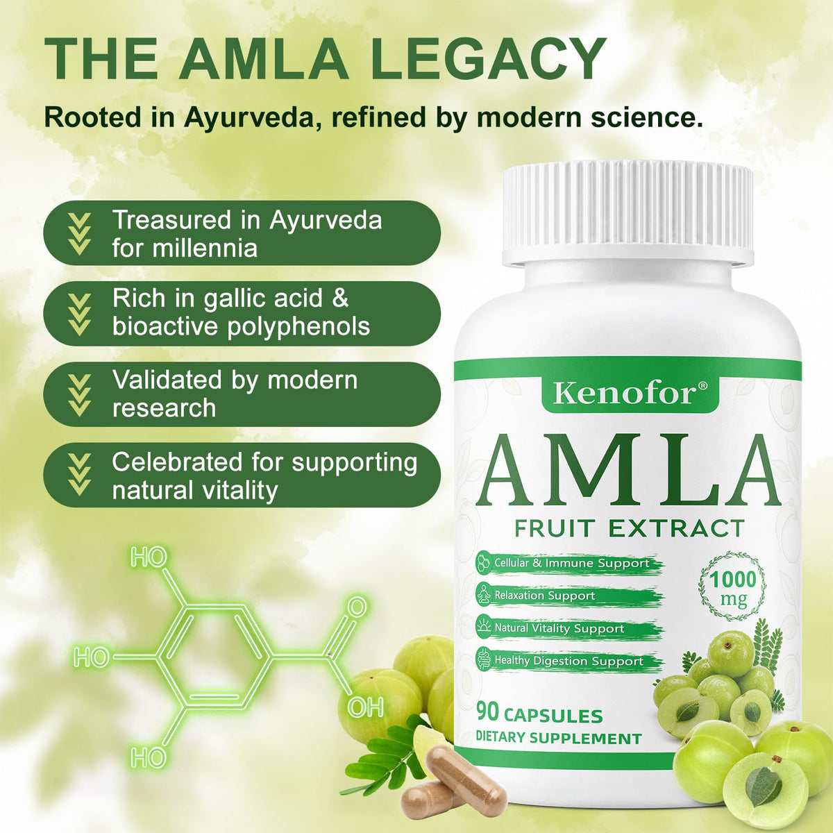 Capsules d'Amla Kenofor 1000mg sur une table en bois