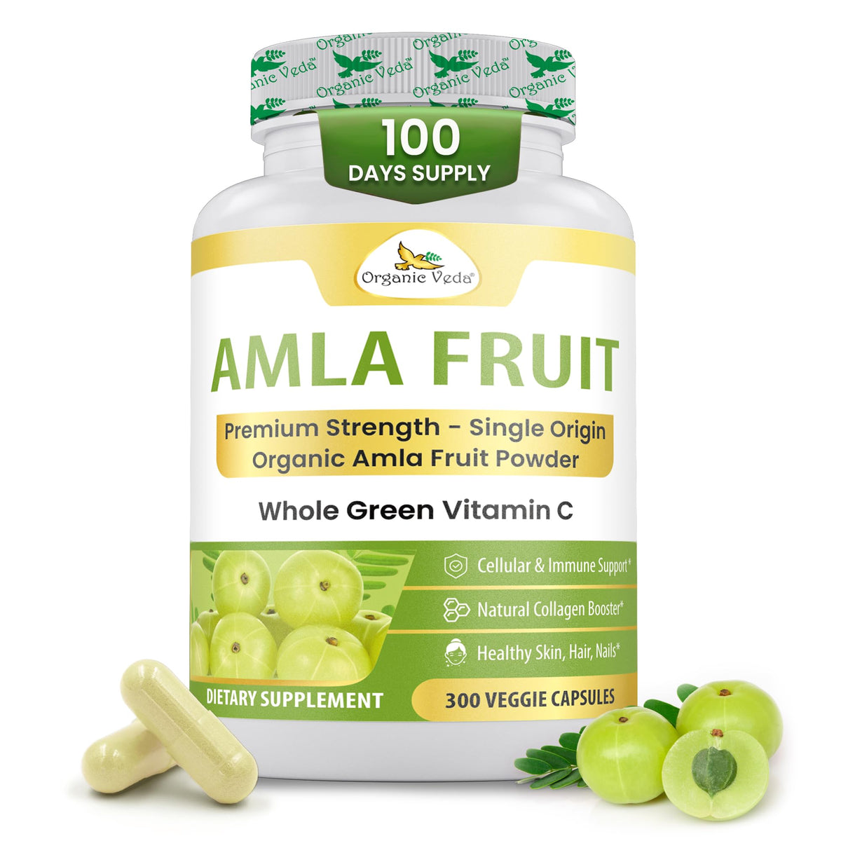 Capsules d'Amla Organic Veda 1500mg, 300 capsules en vue de face