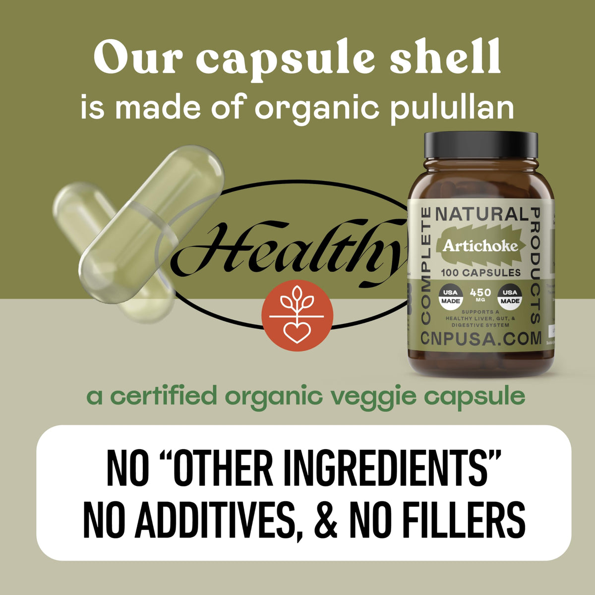 Capsules d'artichaut bio 450mg avec des ingrédients naturels en arrière-plan