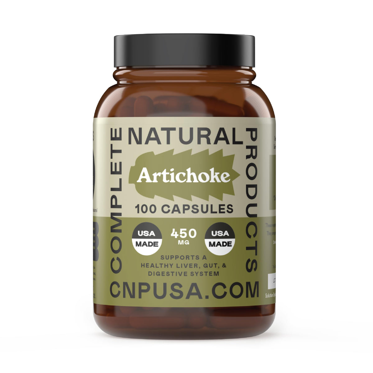 Capsules d'artichaut bio 450mg de Complete Natural Products, vue de face