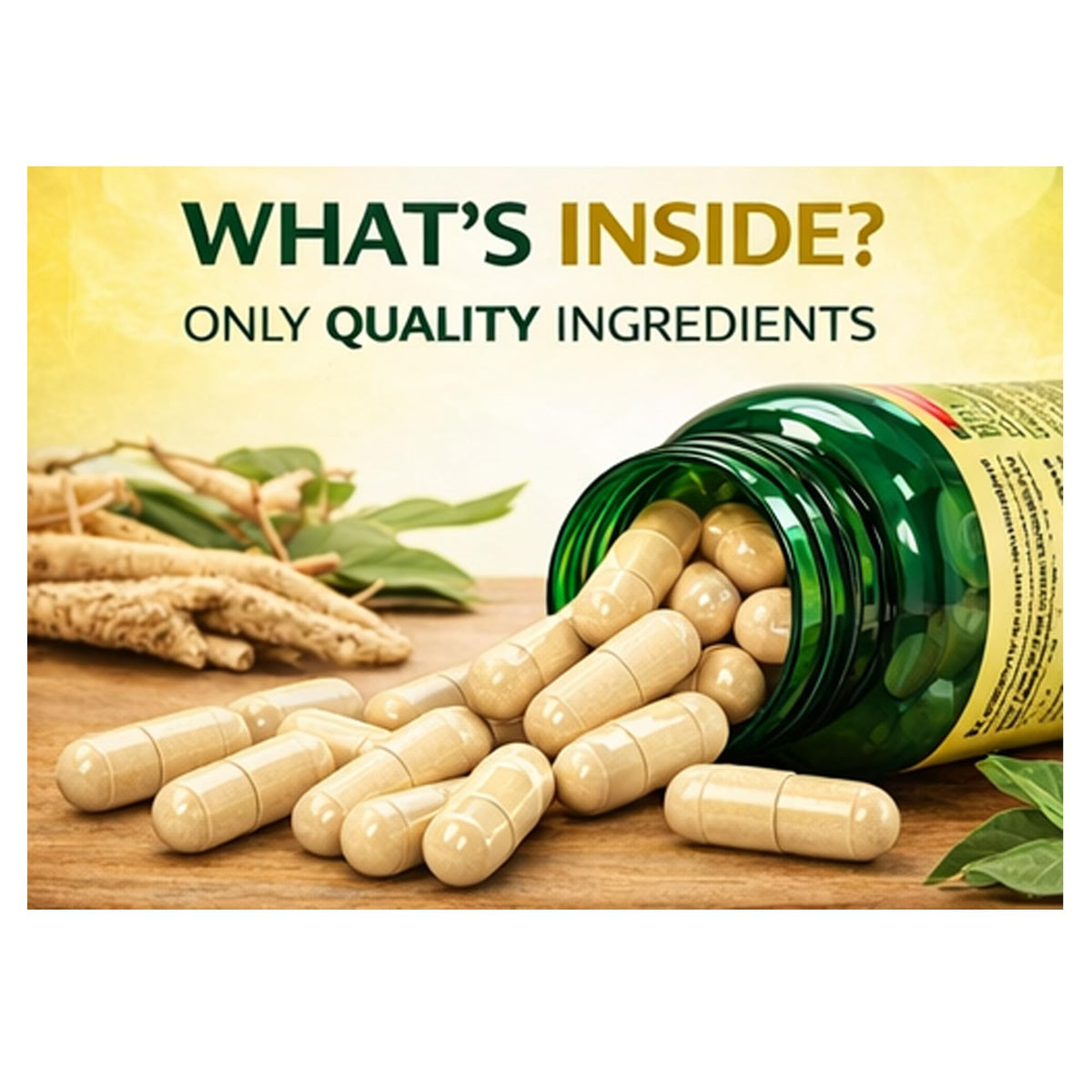 Capsules d'Ashwagandha 1300 mg sur un fond neutre