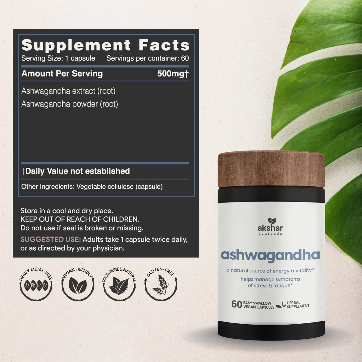 Capsules d'Ashwagandha AKSHAR avec verre d'eau