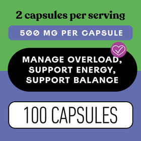 Capsules d'Ashwagandha Bio 500mg, avec des ingrédients naturels en arrière-plan