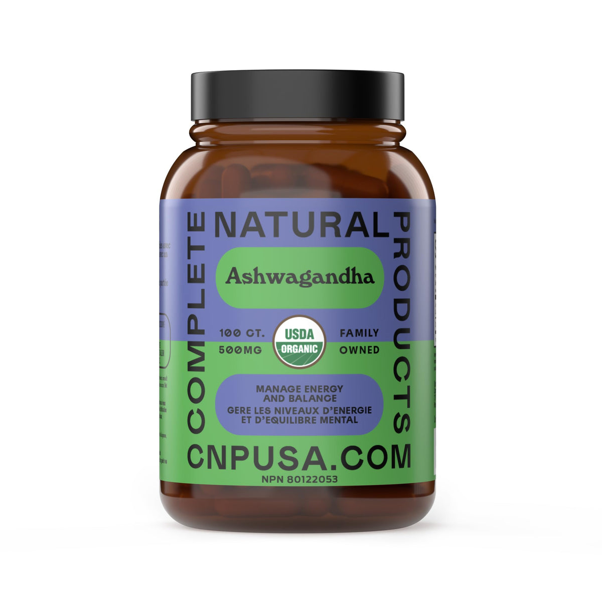 Capsules d'Ashwagandha Bio 500mg de Complete Natural Products, vue de face