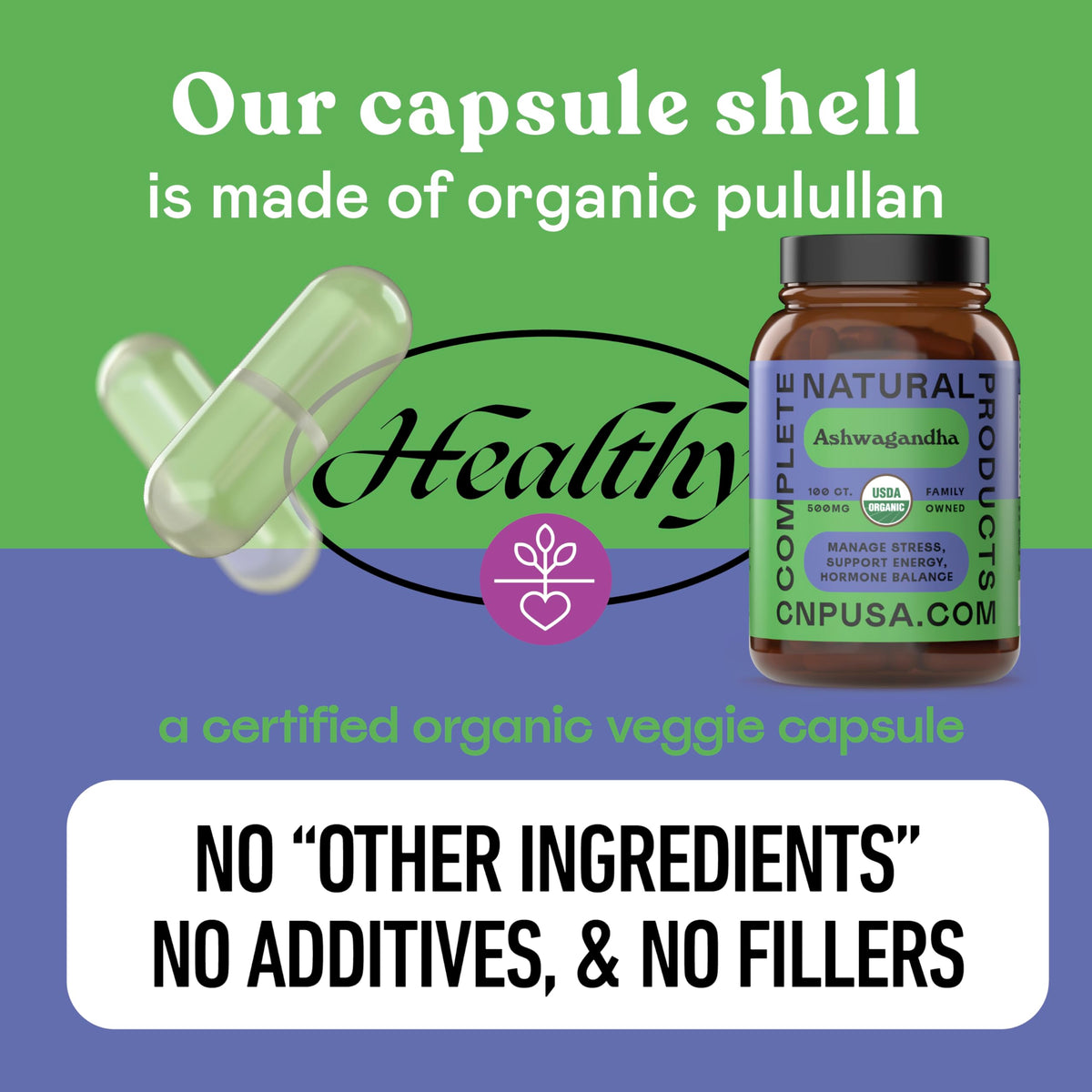 Capsules d'Ashwagandha Bio 500mg, étiquette avec informations nutritionnelles