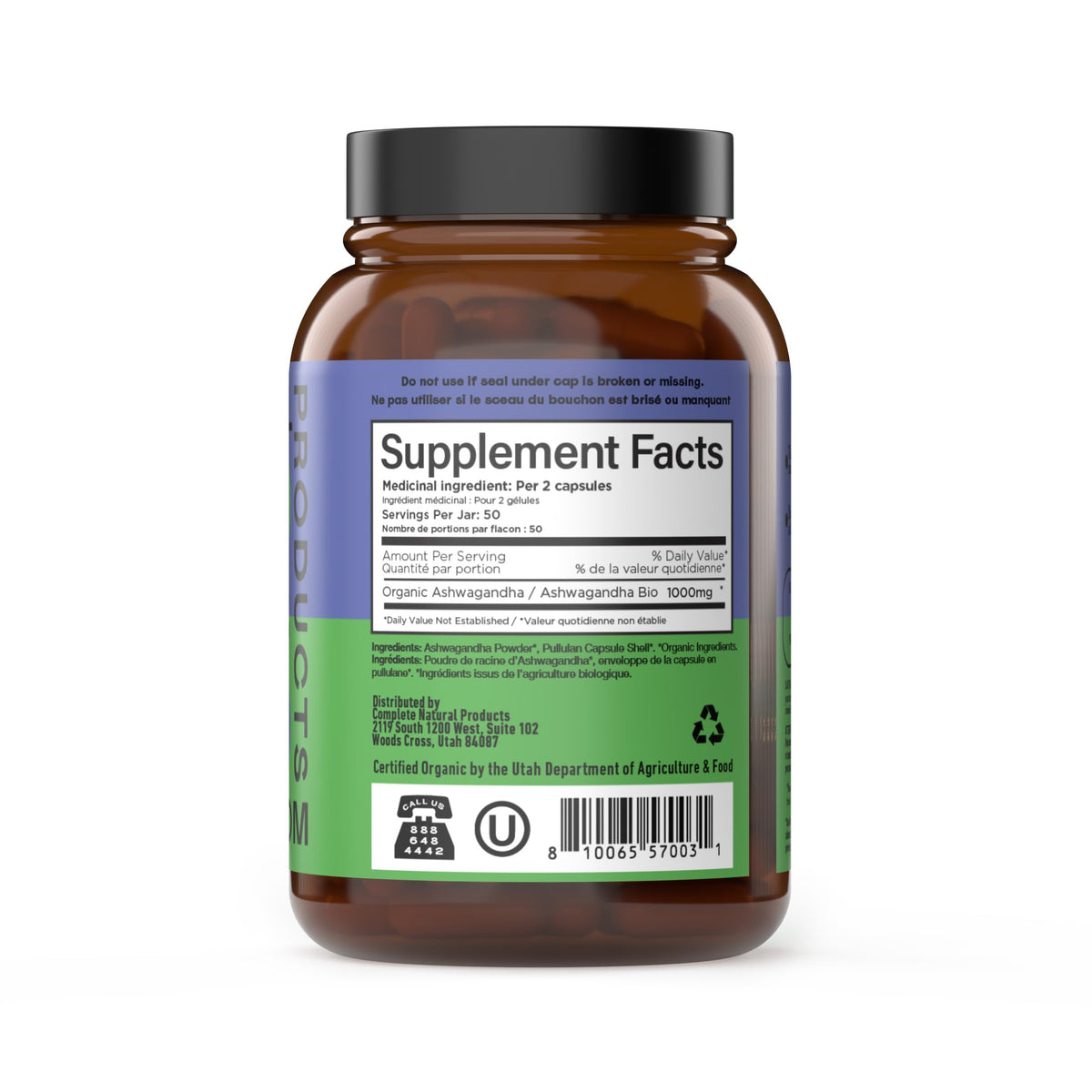 Capsules d'Ashwagandha Bio 500mg, vue de dessus