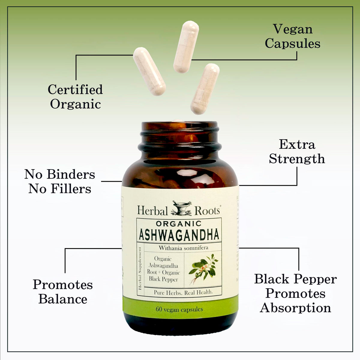 Capsules d'ashwagandha bio Herbal Roots, prise avec un verre d'eau