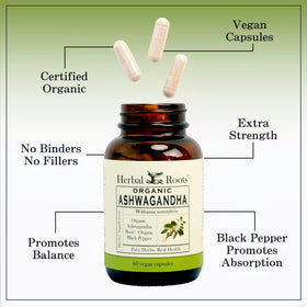 Capsules d'ashwagandha bio Herbal Roots, prise avec un verre d'eau