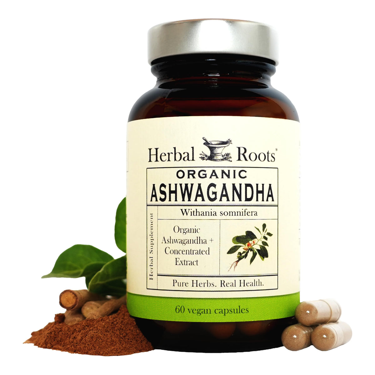 Capsules d'ashwagandha bio Herbal Roots, vue de face