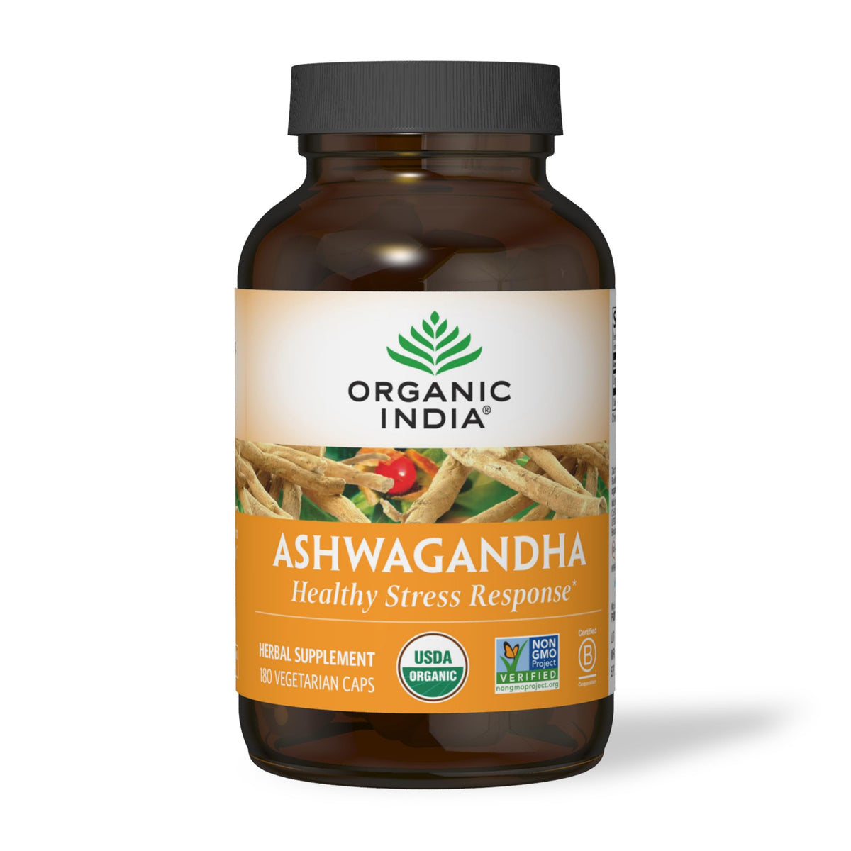 Capsules d'Ashwagandha Bio ORGANIC INDIA sur une table en bois