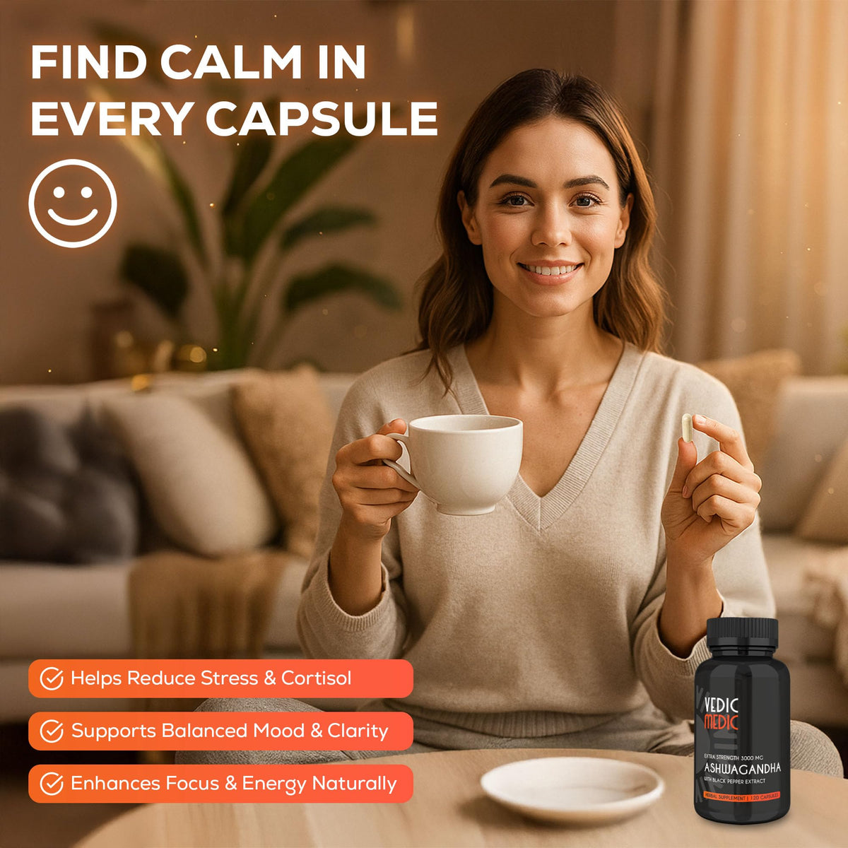 Capsules d'Ashwagandha Bio The Vedic Medic sur une surface en bois