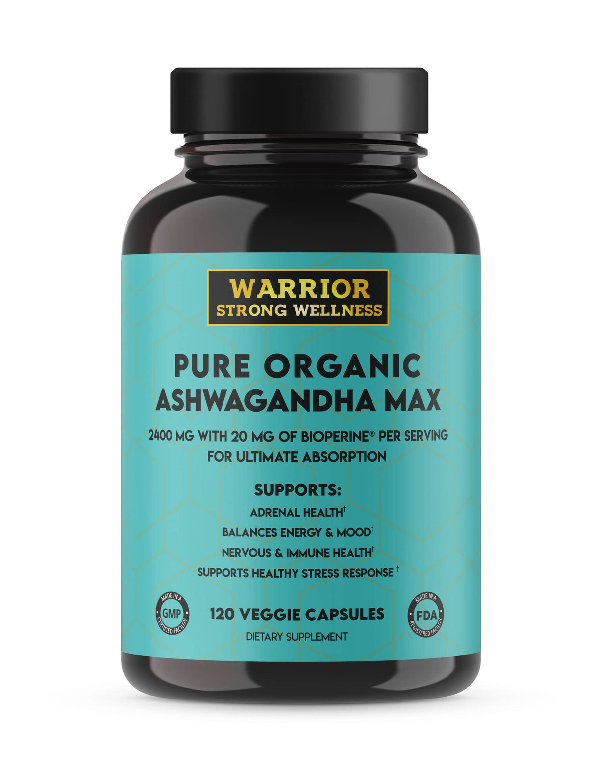Capsules d'Ashwagandha bio Warrior Strong Wellness devant un fond clair