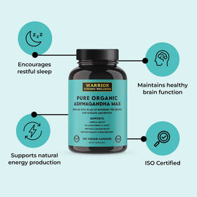 Capsules d'Ashwagandha bio Warrior Strong Wellness sur un bureau