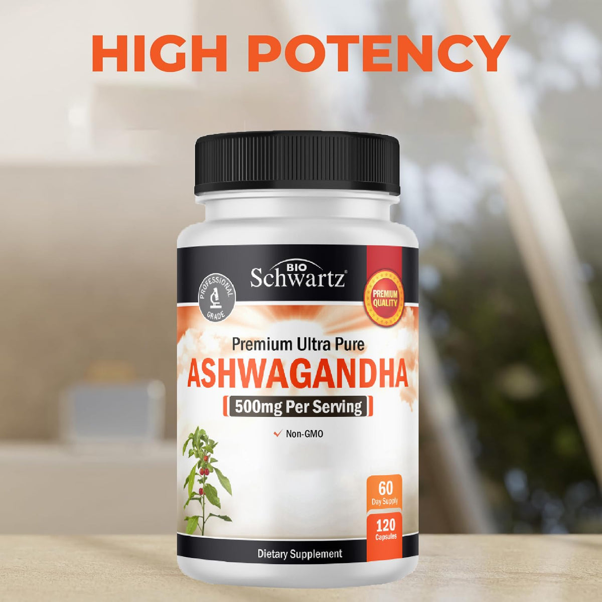Capsules d'ashwagandha BioSchwartz dans un environnement naturel