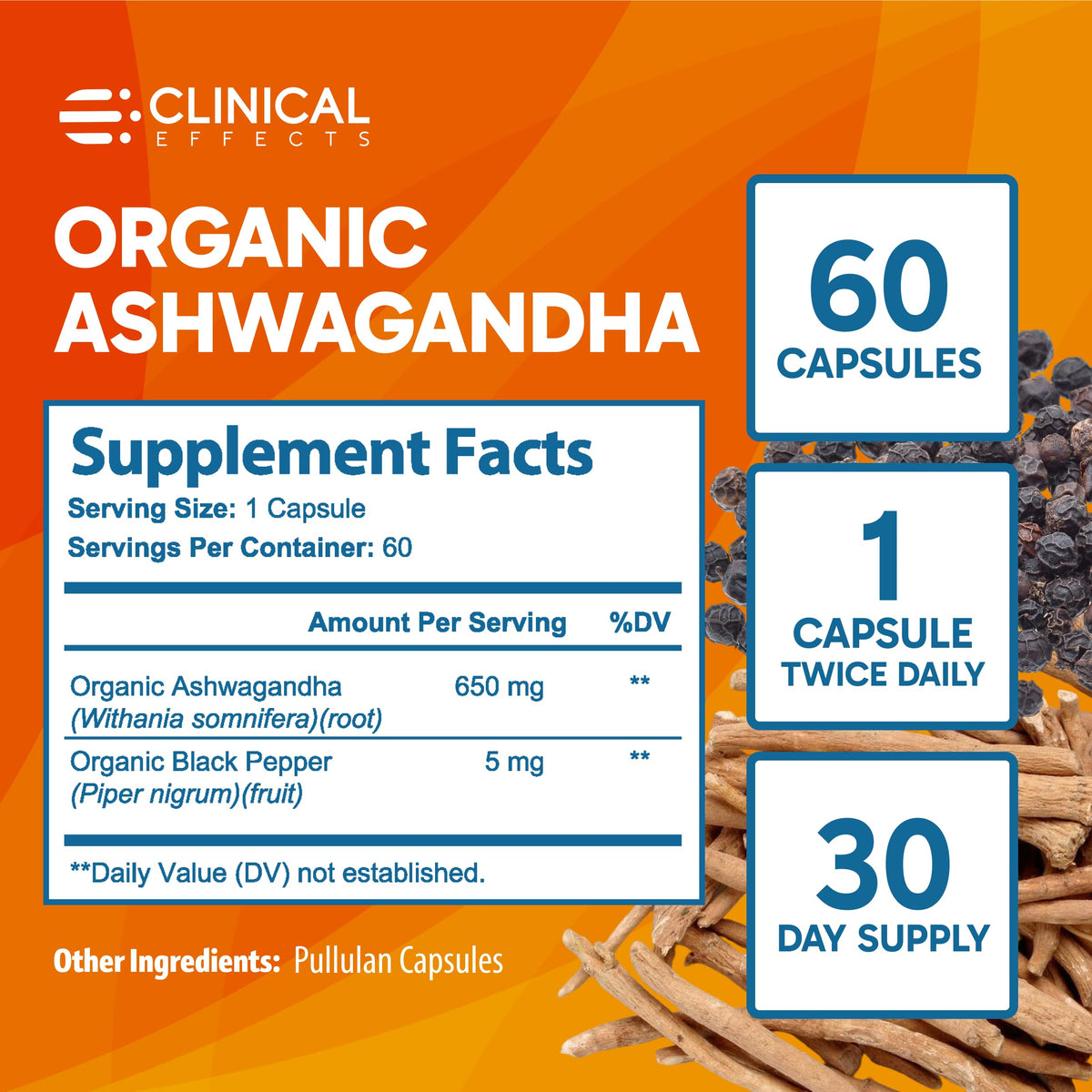 Capsules d'Ashwagandha Clinical Effects sur une table en bois