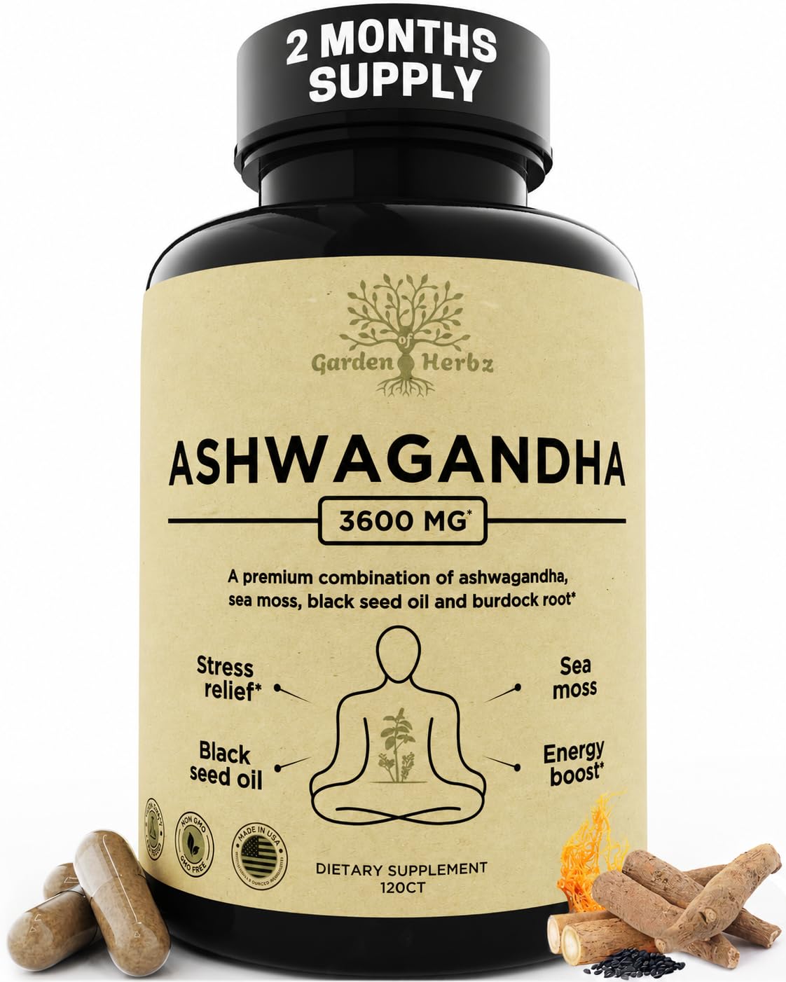 Capsules d'ashwagandha Garden of Herbz 3600 mg vue de face