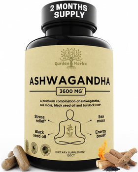 Capsules d'ashwagandha Garden of Herbz 3600 mg vue de face