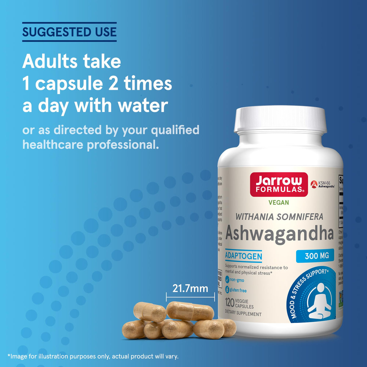 Capsules d'Ashwagandha KSM-66 Jarrow Formulas sur un bureau