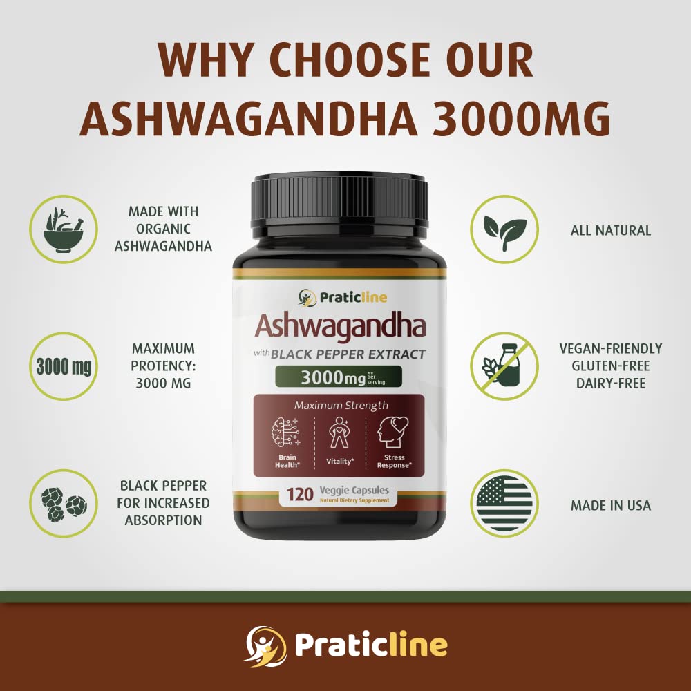Capsules d'Ashwagandha PRATIC LINE 3000 mg avec racine d'Ashwagandha