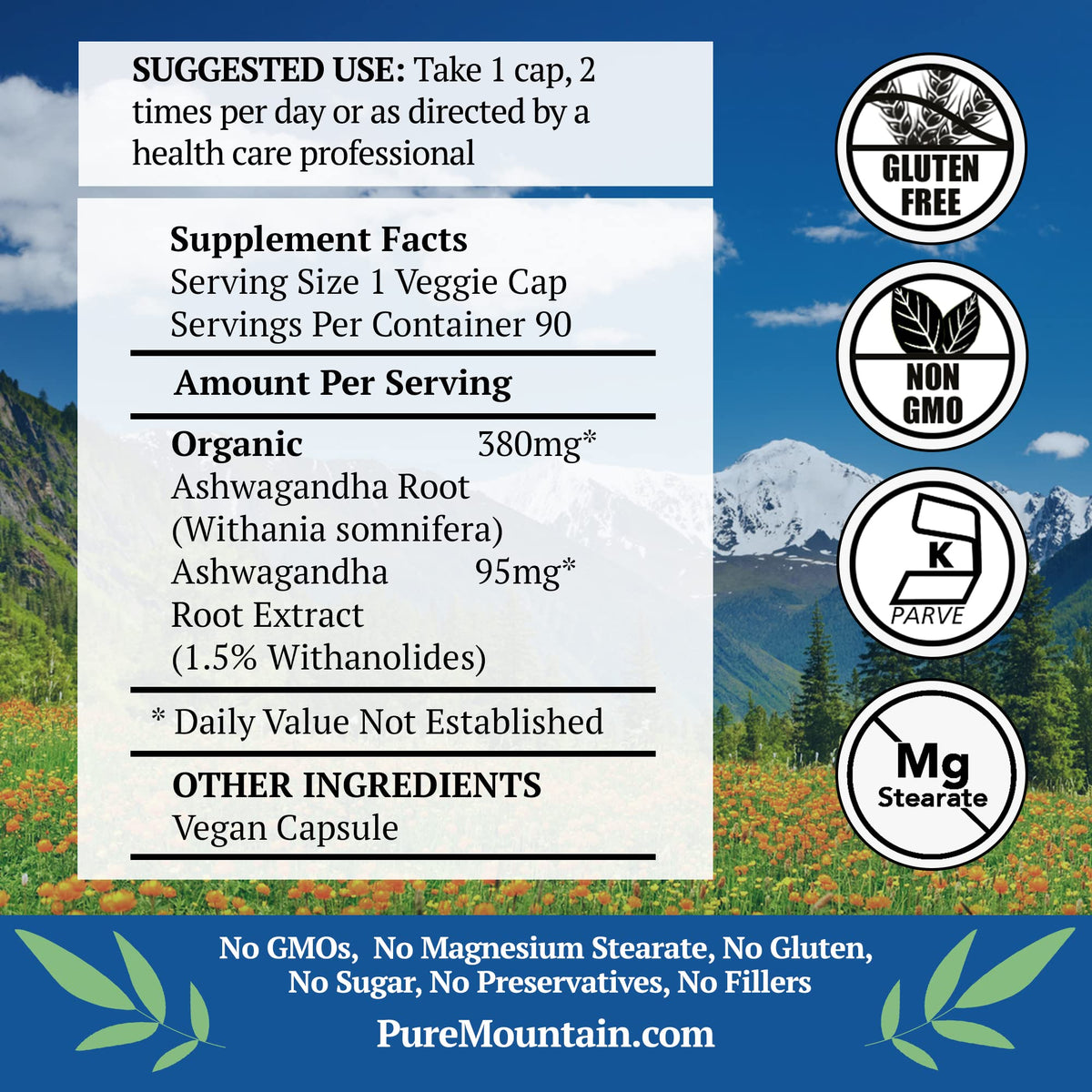 Capsules d'ashwagandha Pure Mountain Botanicals sur fond blanc