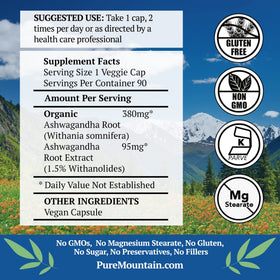 Capsules d'ashwagandha Pure Mountain Botanicals sur fond blanc