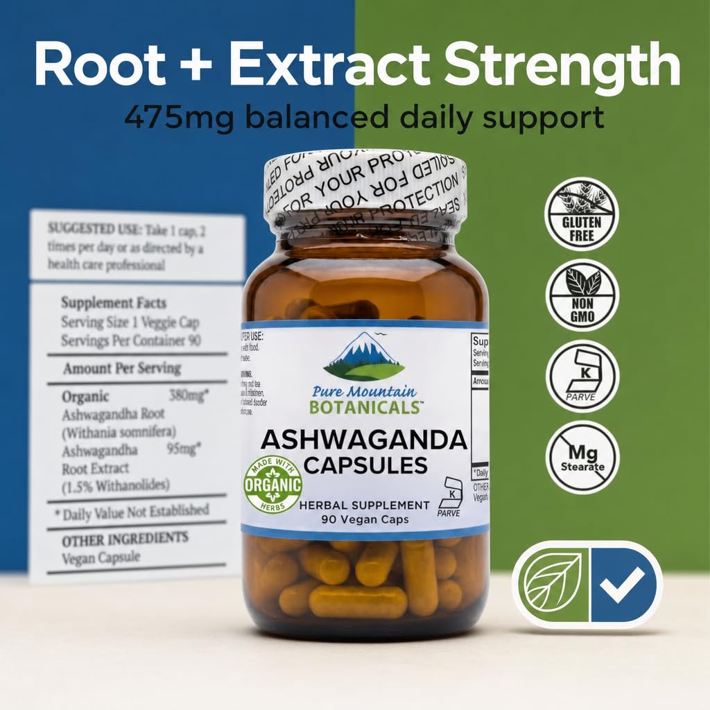 Capsules d'ashwagandha Pure Mountain Botanicals sur une table en bois