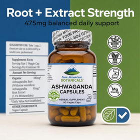 Capsules d'ashwagandha Pure Mountain Botanicals sur une table en bois