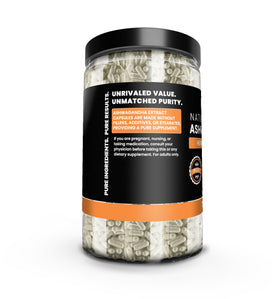 Capsules d'Ashwagandha PURE ORIGINAL INGREDIENTS sur fond blanc