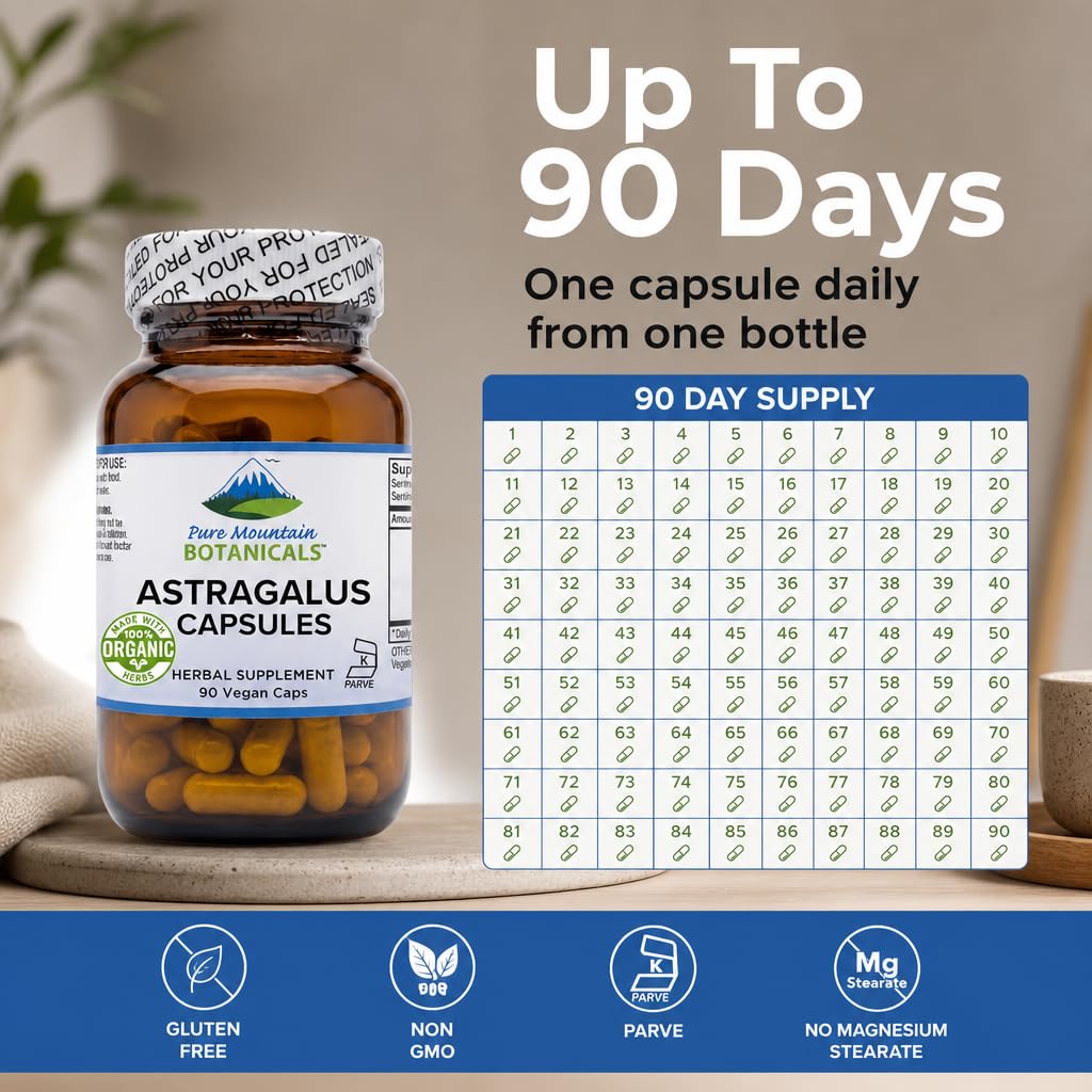 Capsules d'Astragalus Pure Mountain Botanicals avec un verre d'eau
