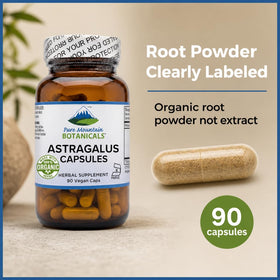 Capsules d'Astragalus Pure Mountain Botanicals sur une surface en bois