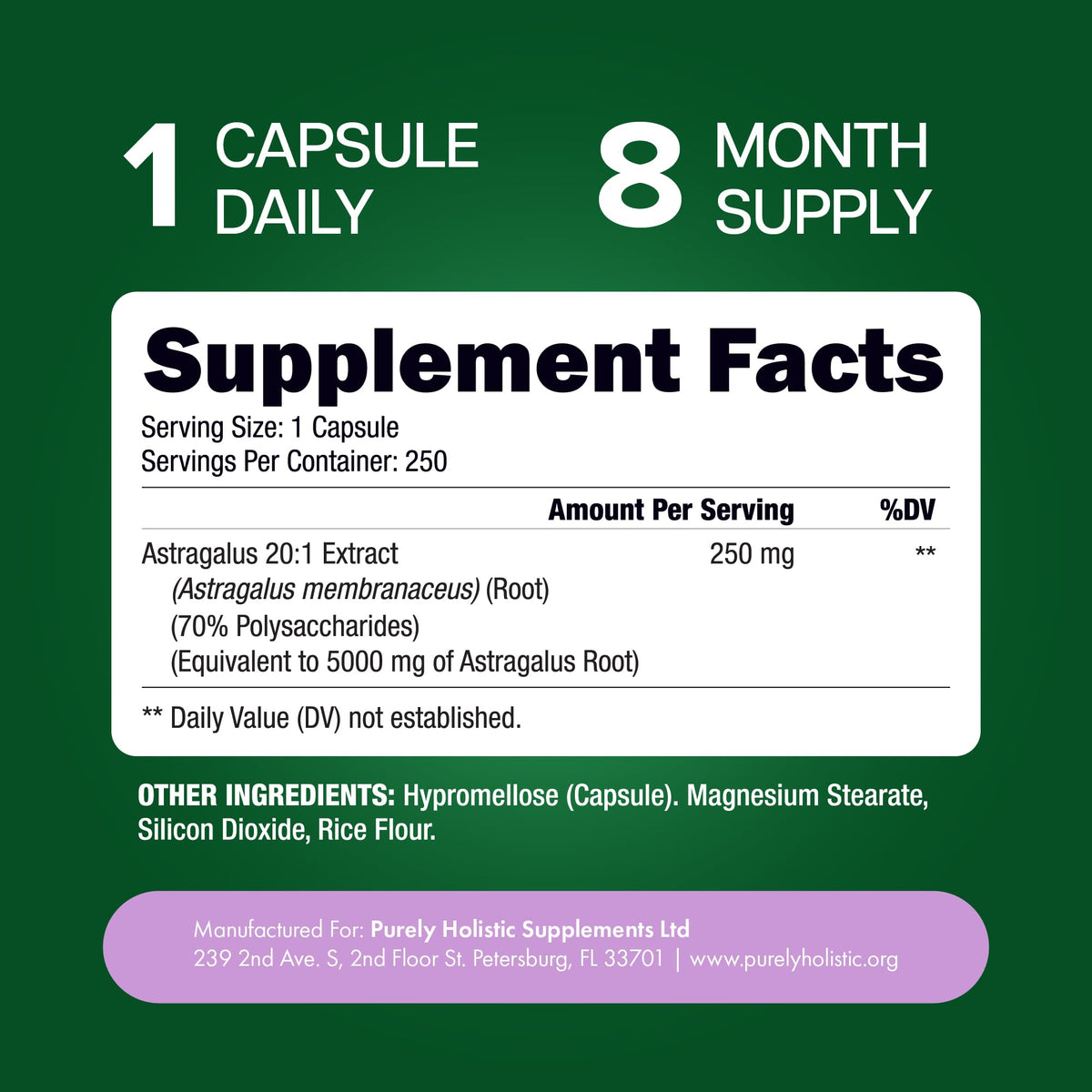 Capsules d'Astragalus Racine Purely Holistic dans un bol