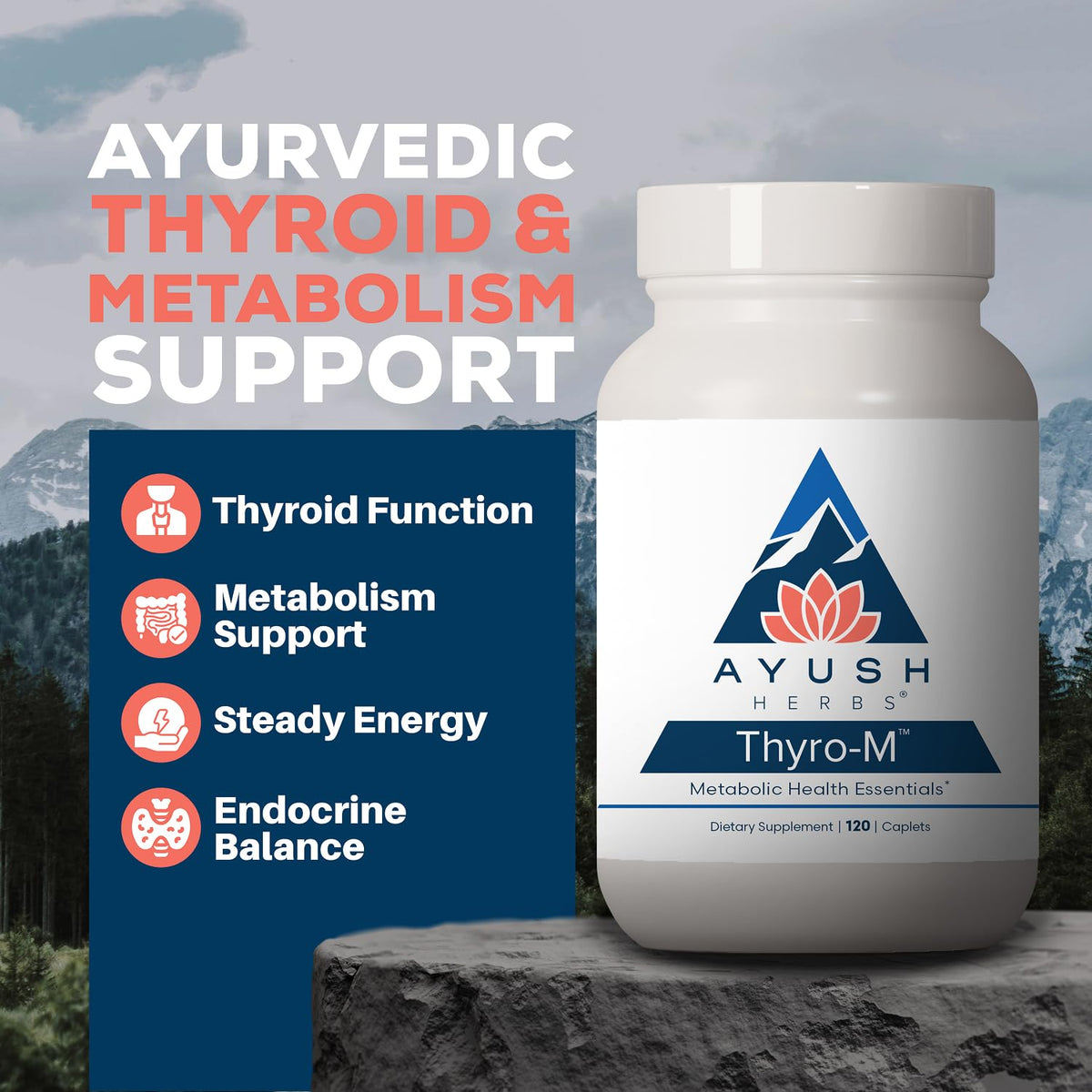 Capsules d'Ayush Herbs Thyro-M sur une surface blanche