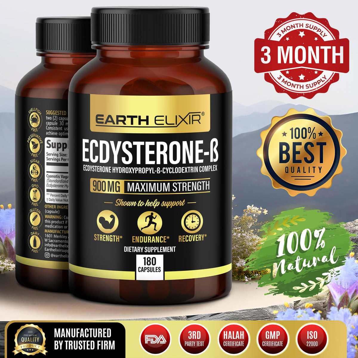 Capsules d'Ecdystérone Earth Elixir sur une surface blanche