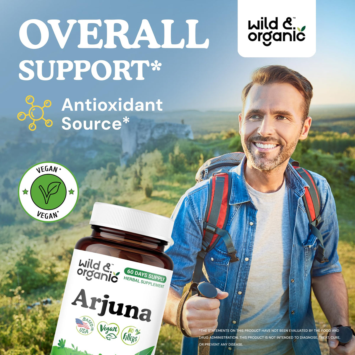 Capsules d'écorce d'arjuna Wild & Organic sur une surface blanche