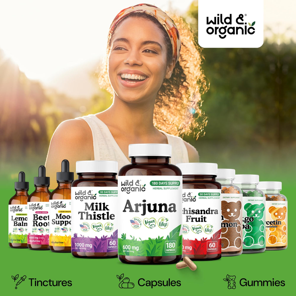 Capsules d'écorce d'Arjuna Wild & Organic sur une table en bois