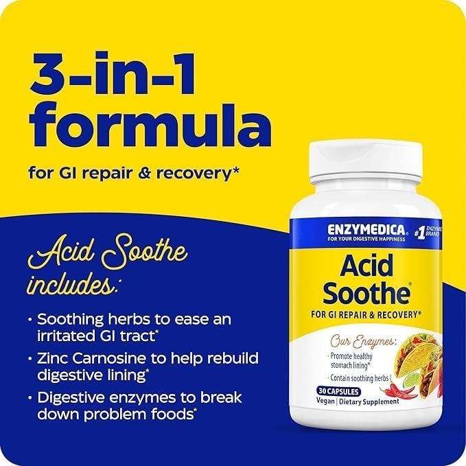 Capsules d'Enzymedica Acid Soothe sur fond blanc