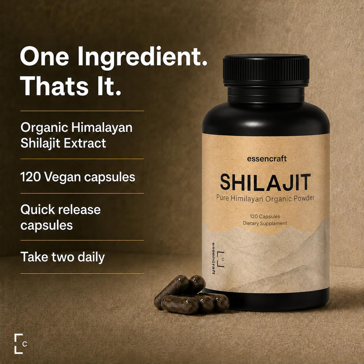 Capsules d'Essencraft Shilajit sur une surface en bois