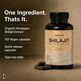 Capsules d'Essencraft Shilajit sur une surface en bois