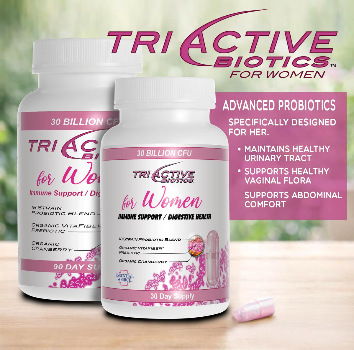 Capsules d'Essential Source Triactive Biotics sur une surface blanche