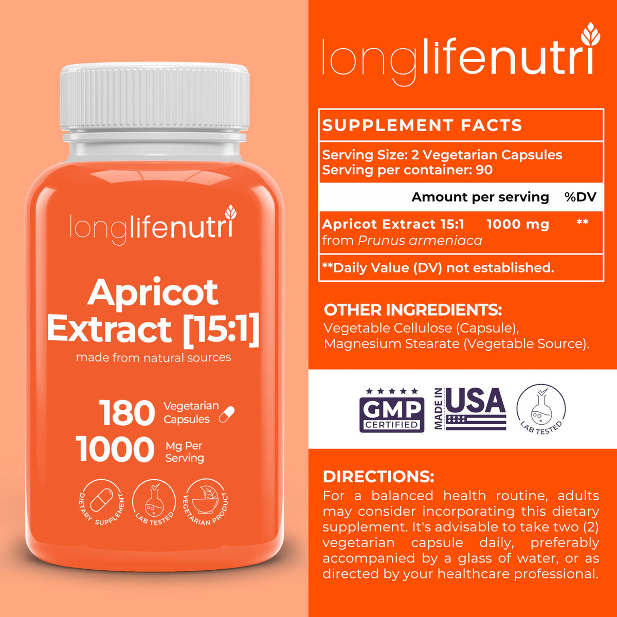 Capsules d'extrait d'abricot LongLifeNutri sorties du flacon