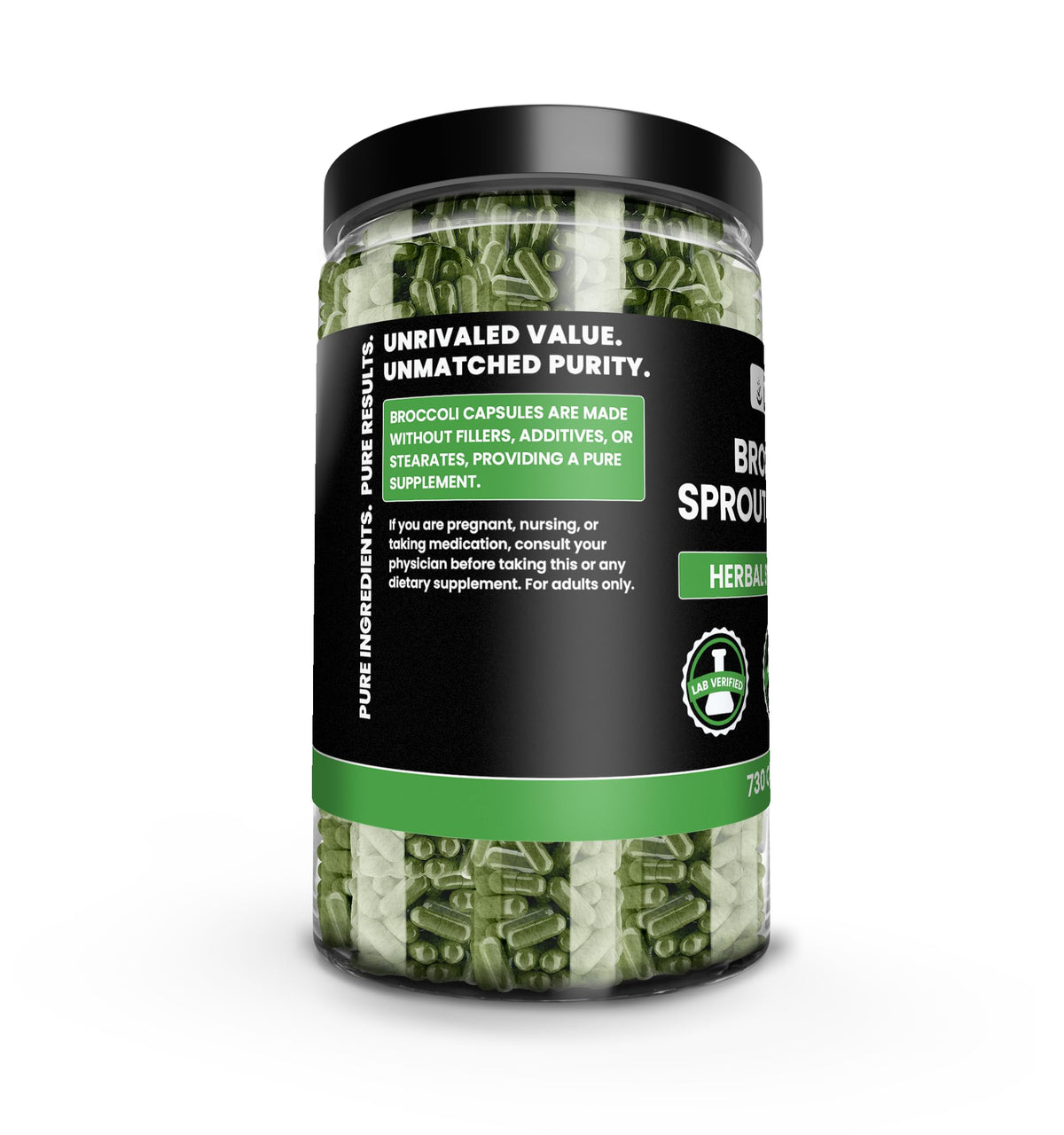 Capsules d'extrait de brocoli PURE ORIGINAL INGREDIENTS ouvertes montrant le contenu