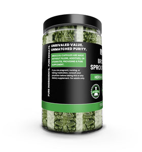 Capsules d'extrait de brocoli PURE ORIGINAL INGREDIENTS ouvertes montrant le contenu