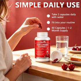 Capsules d'extrait de cerise acide Fibetrue dans un bol