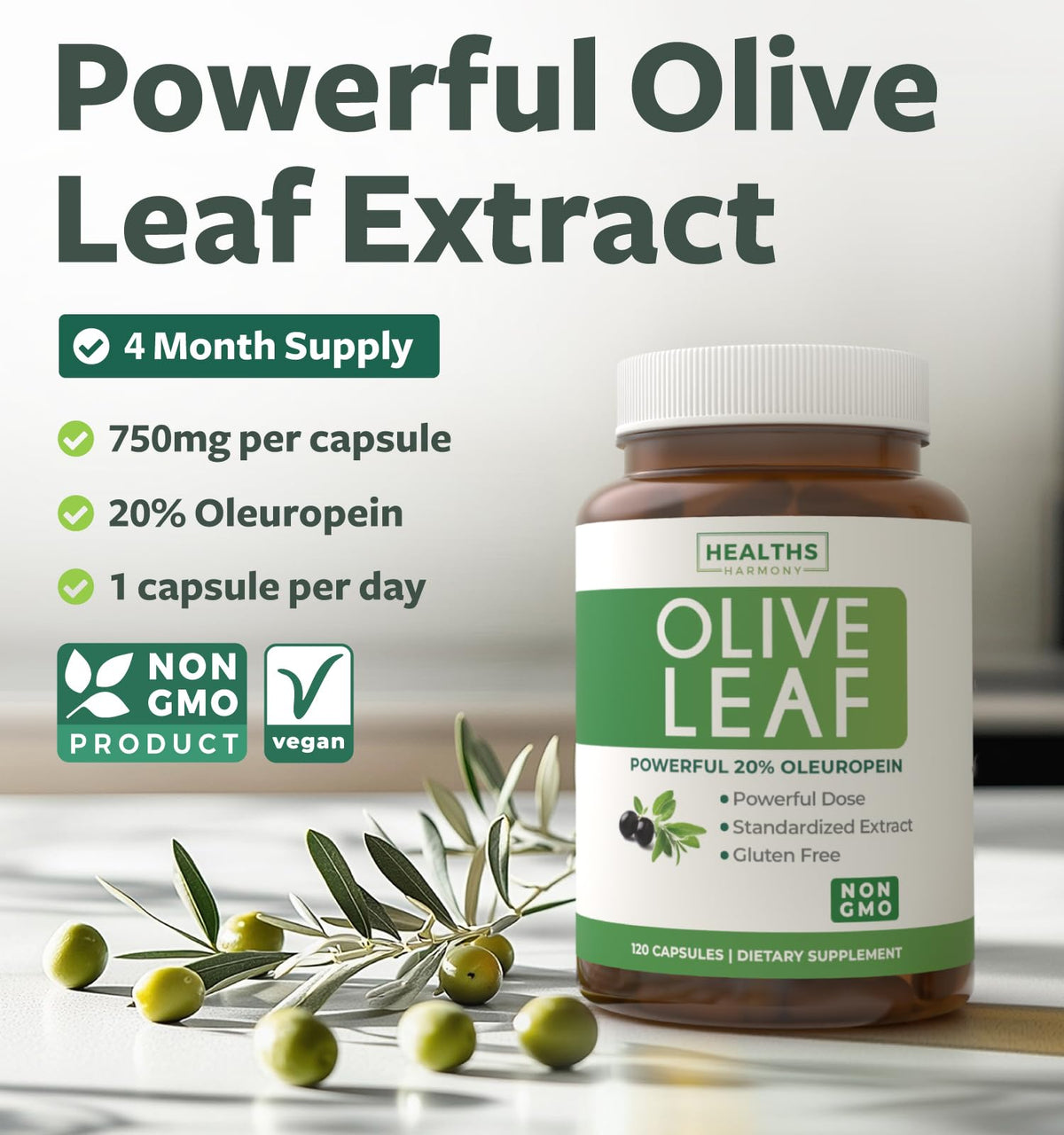 Capsules d'extrait de feuille d'olivier Healths Harmony sur une table
