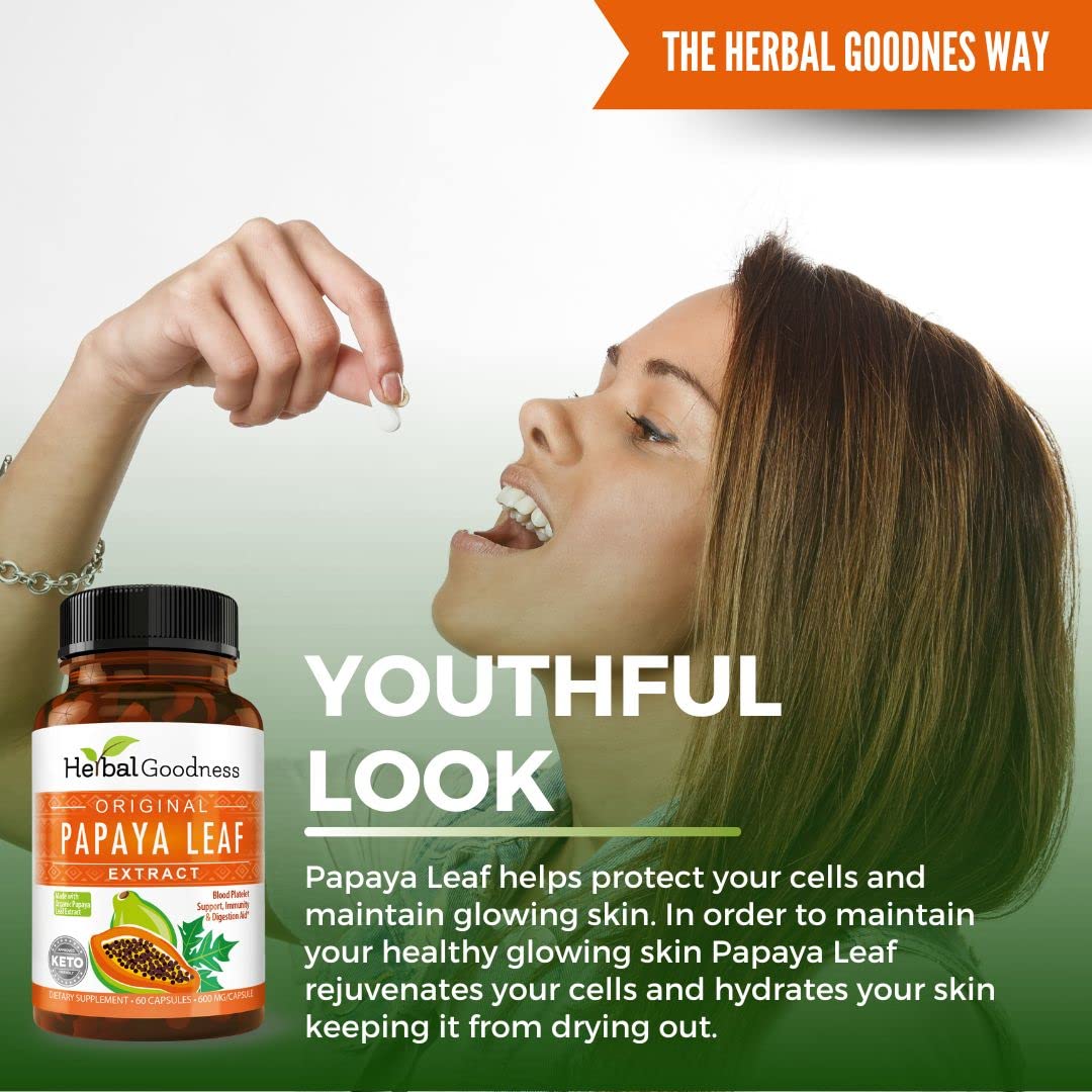 Capsules d'extrait de feuille de papaye Herbal Goodness dans un bol
