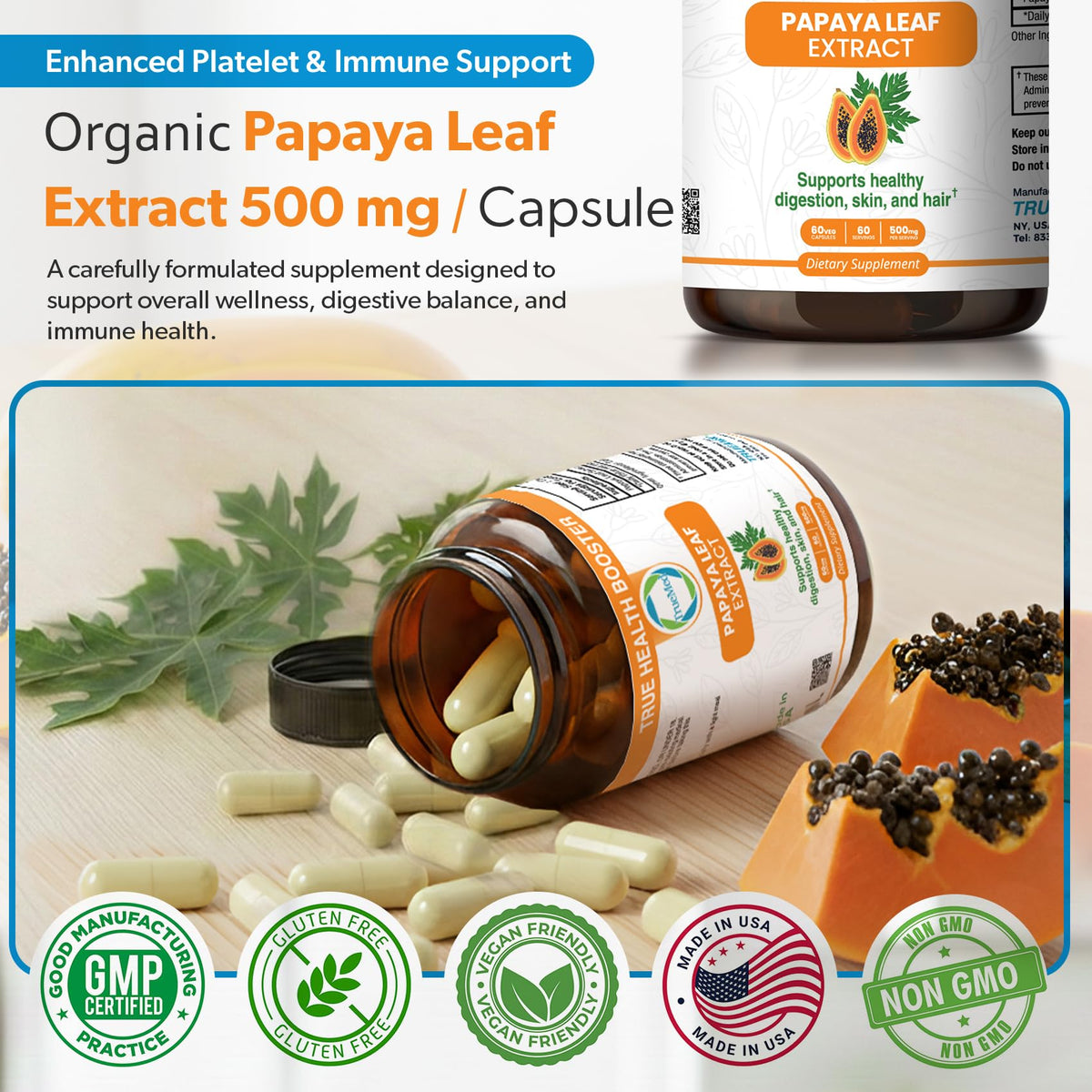 Capsules d'extrait de feuille de papaye TRUEMED dans une main