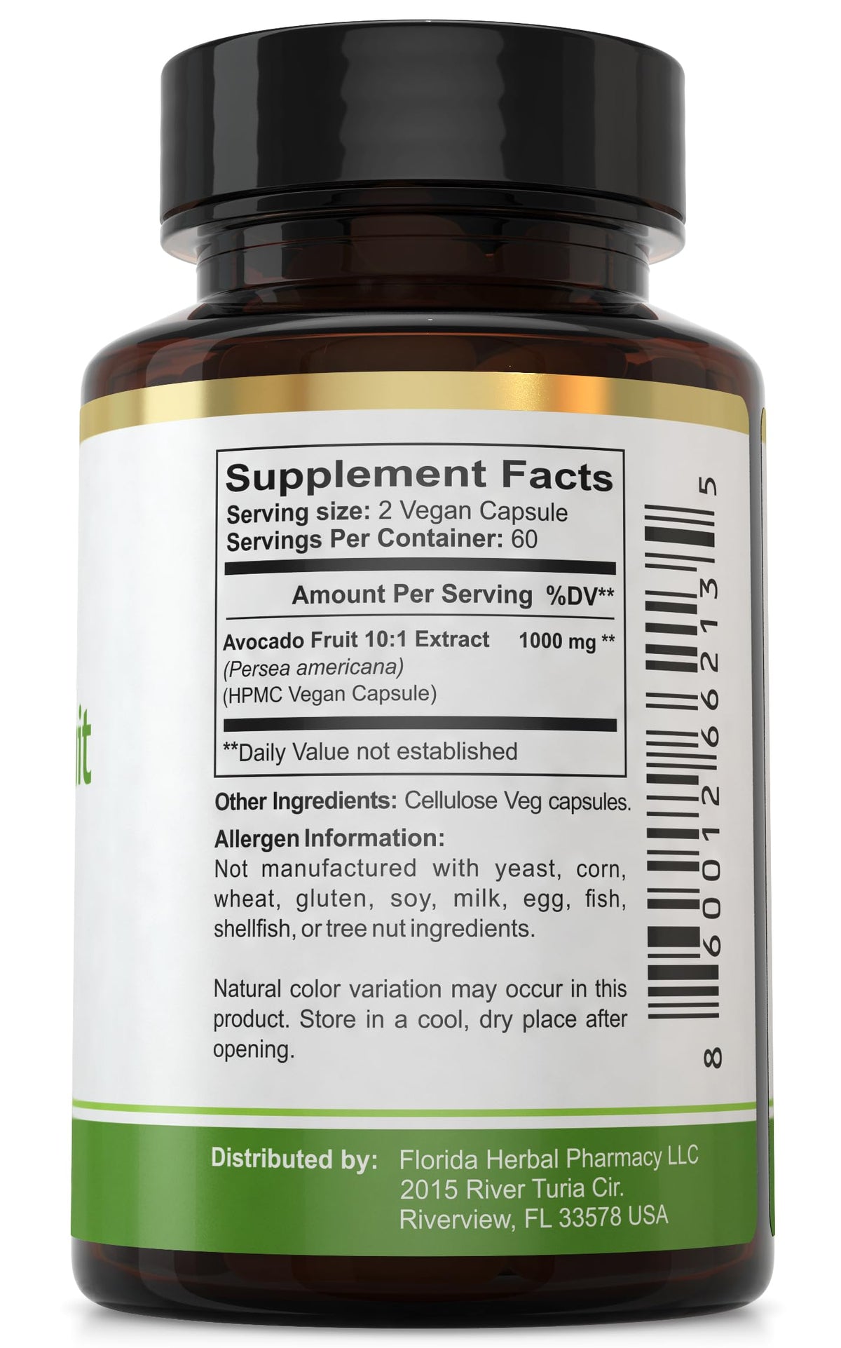 Capsules d'extrait de fruit d'avocat Florida Herbal Pharmacy à l'intérieur du flacon