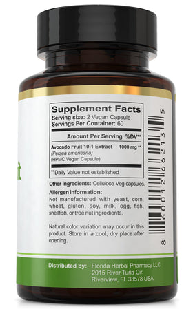 Capsules d'extrait de fruit d'avocat Florida Herbal Pharmacy à l'intérieur du flacon