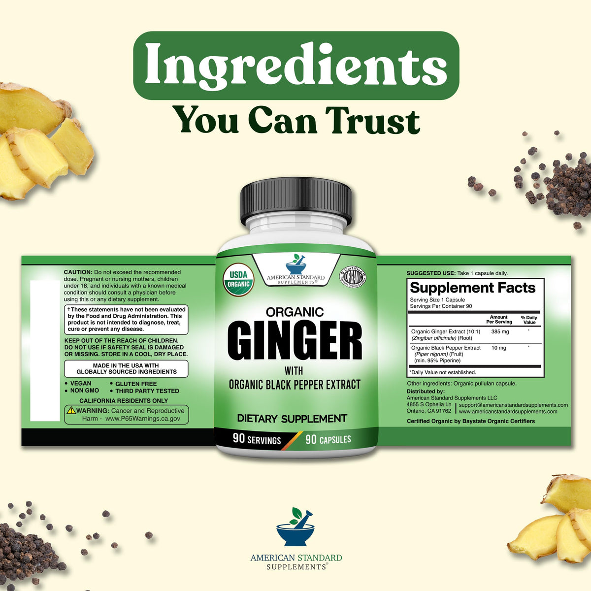 Capsules d'extrait de gingembre bio sur une table en bois