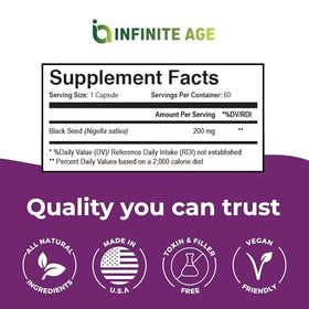 Capsules d'extrait de graines noires bio INFINITE AGE avec un fond neutre